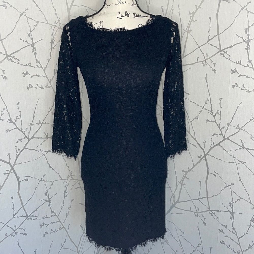 Diane von Furstenberg‎ Zarita Dress Womens 2 Black Excellent Lace Mini V-Back